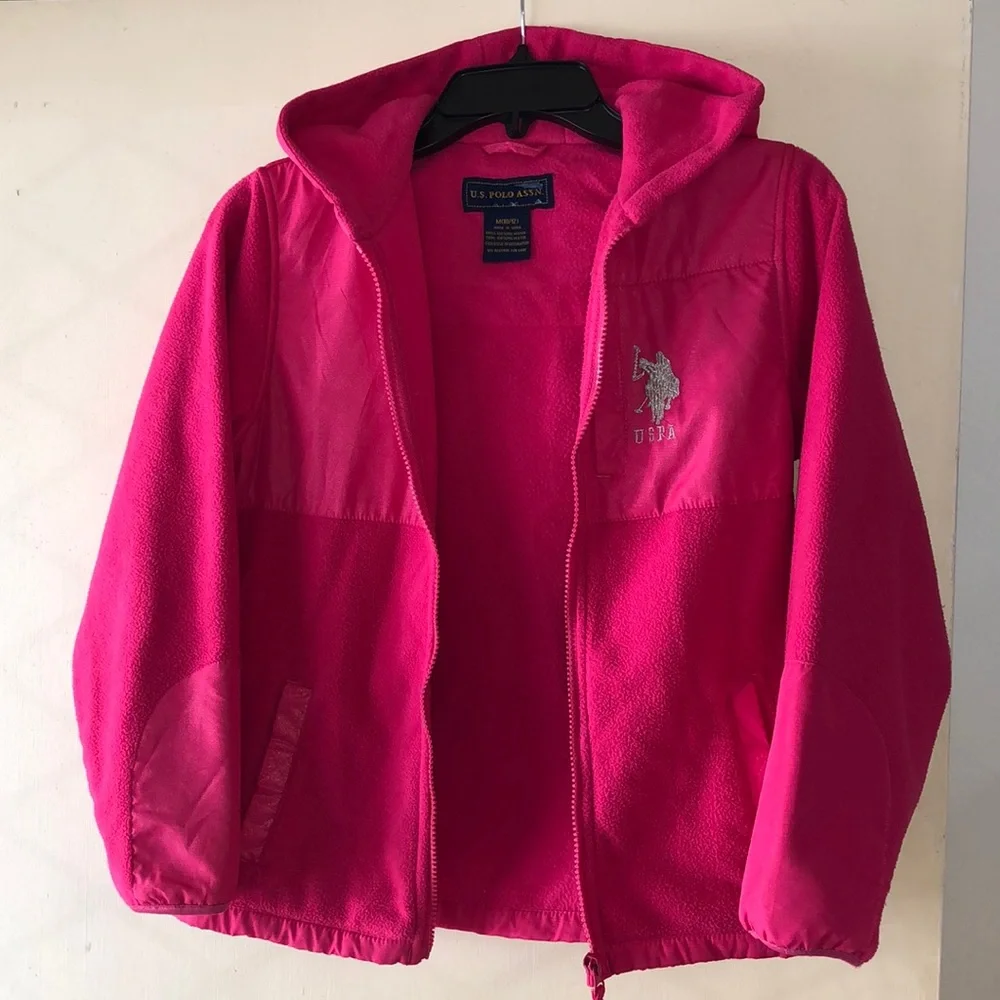 U.S. Polo Assoc. Girl’s Pink Plush Zip Hooded Jacket Pockets Arm Patches M